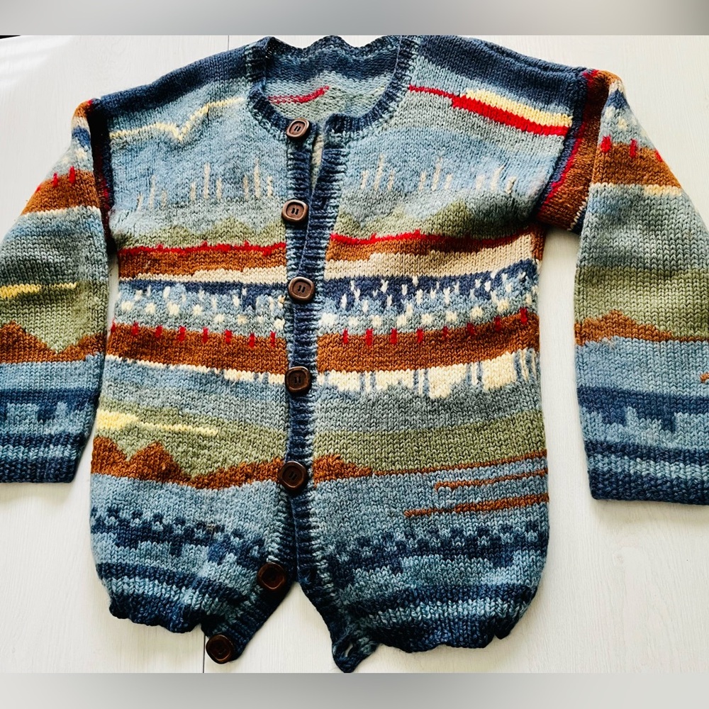 Vintage Wool hand knit landscape Colorful Knit Cardigan with Button Closure